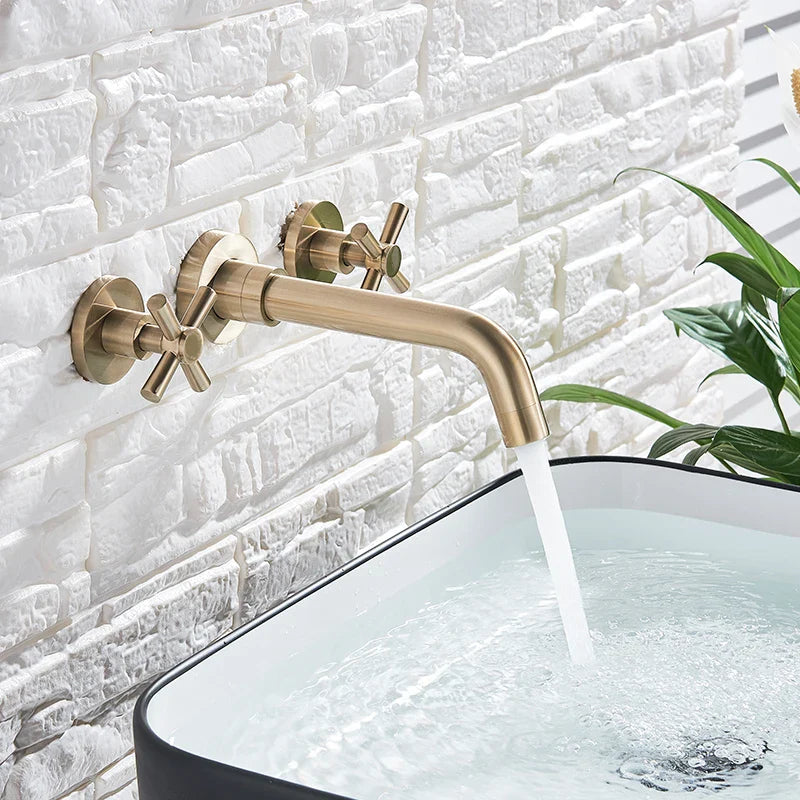 Afralia™ Golden Dual Handle Wall Mounted Basin Faucet - Rotate Spout Sink Mixers