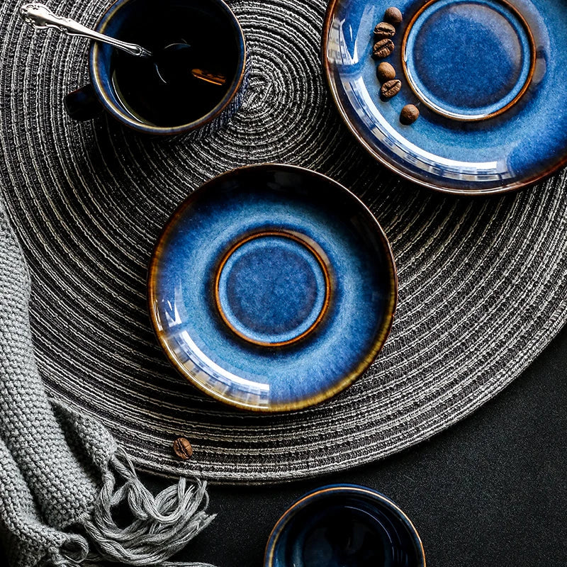 Afralia™ Deep Blue Ceramic Espresso Coffee Cup Saucer Set