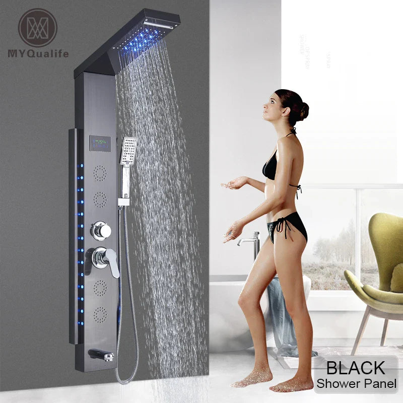 Afralia™ Black Led Shower Panel 5-Function Wall Mount Bathroom Shower Faucet