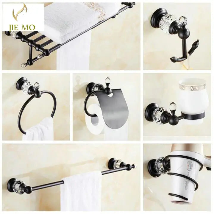 Afralia™ Black Brass & Crystal Bathroom Accessories Set - Towel Rack, Towel Bar, Paper Holder, Soap Dish, Cup Holder, Toilet JM251