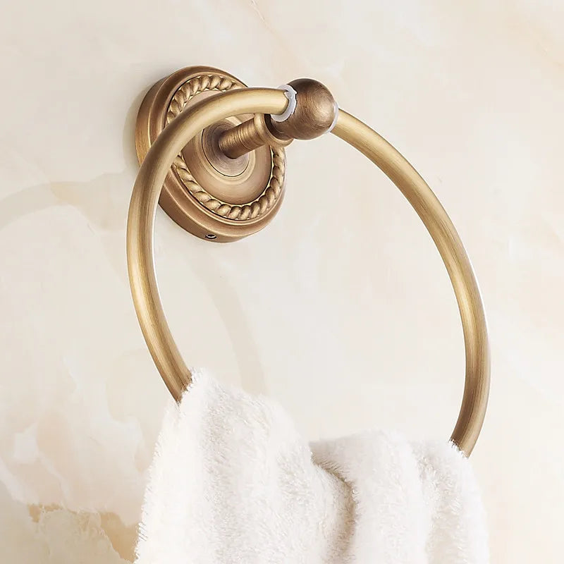 Afralia™ Antique Brass Towel Ring Wall Mounted Rack Shelf Bathroom Towel Holder