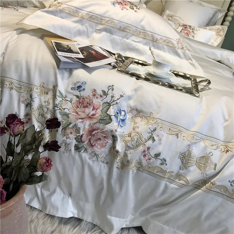 Afralia™ Luxury Flowers Embroidery Bedding Set, White, 100S, 4Pcs, 7Pcs