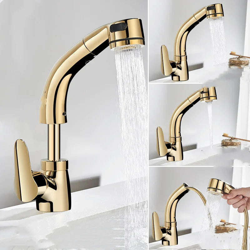 Afralia™ Pull Out Kitchen Faucet Mixer Tap with Shower Head in Gold/Chrome/Black/White