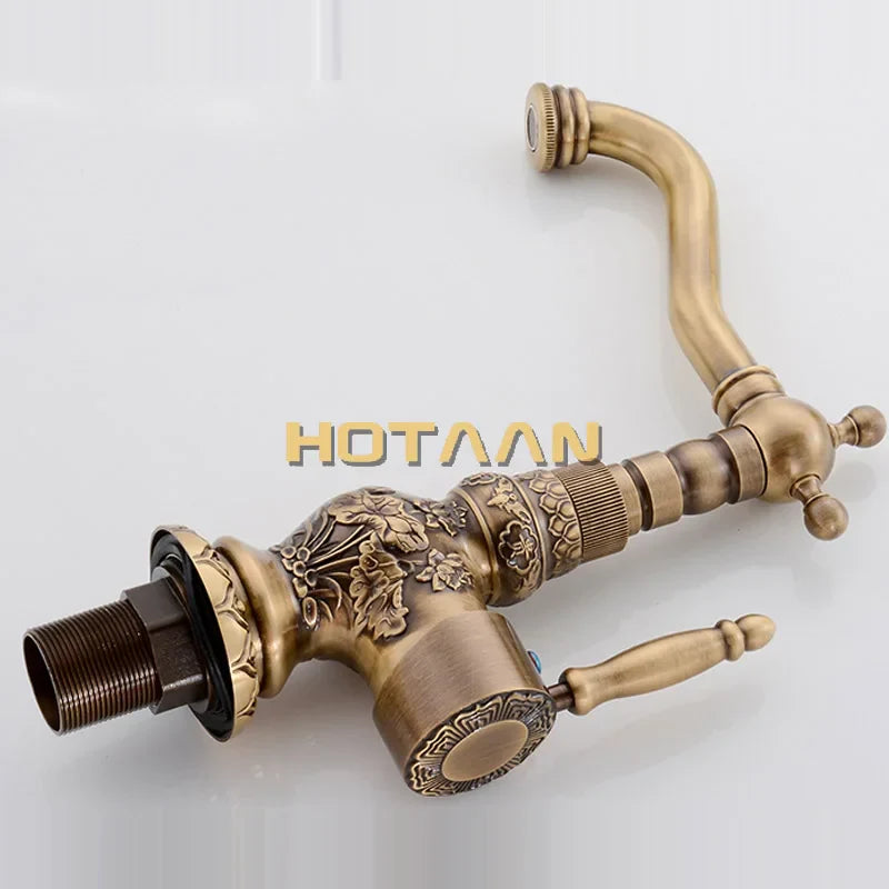 Afralia™ Antique Bronze Carving Kitchen Basin Faucet - Hot Cold Water Mixer Tap