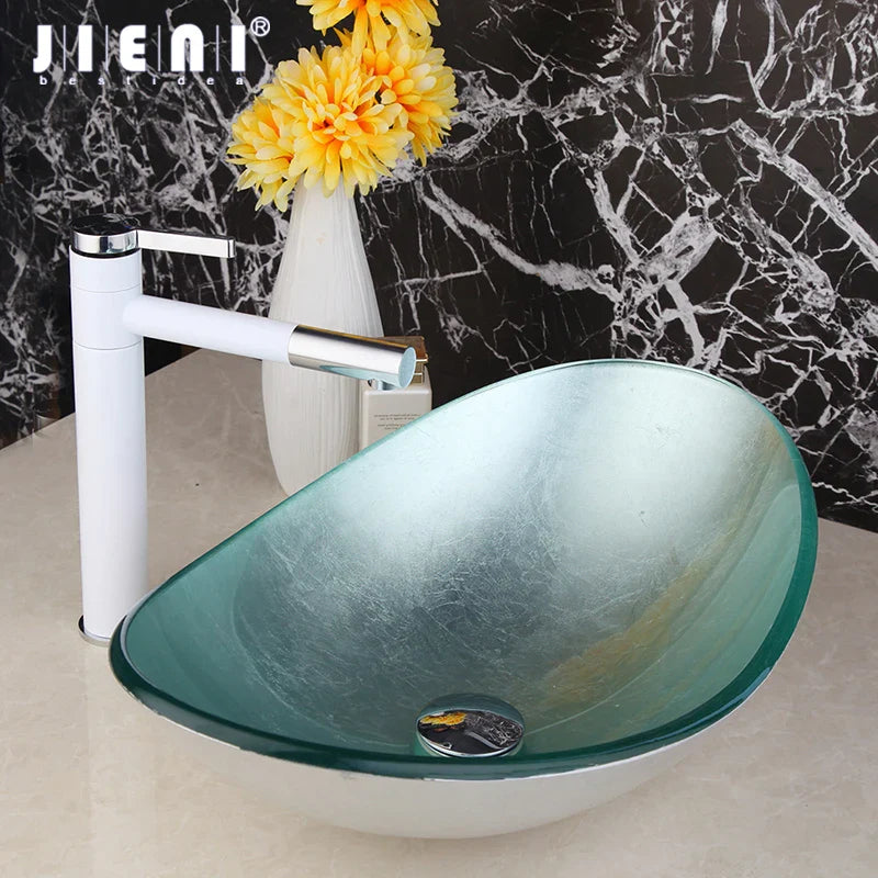 Afralia™ Glass Washbasin with Brass Swivel Spout Faucet Mixer Tap