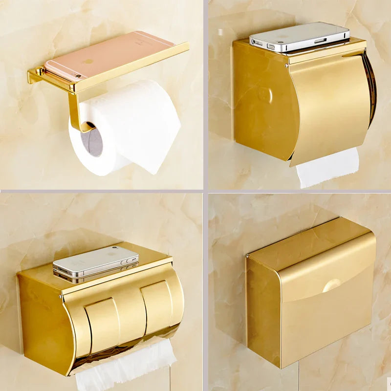 Afralia™ Bathroom Paper Phone Holder Shelf Towel Rack Toilet Tissue Box Silver Gold