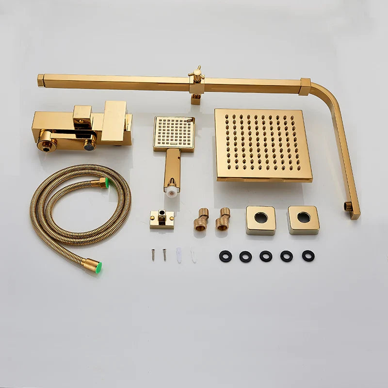 Afralia™ Luxury Gold Brass Wall Mount Shower Faucet Set with Rainfall Head