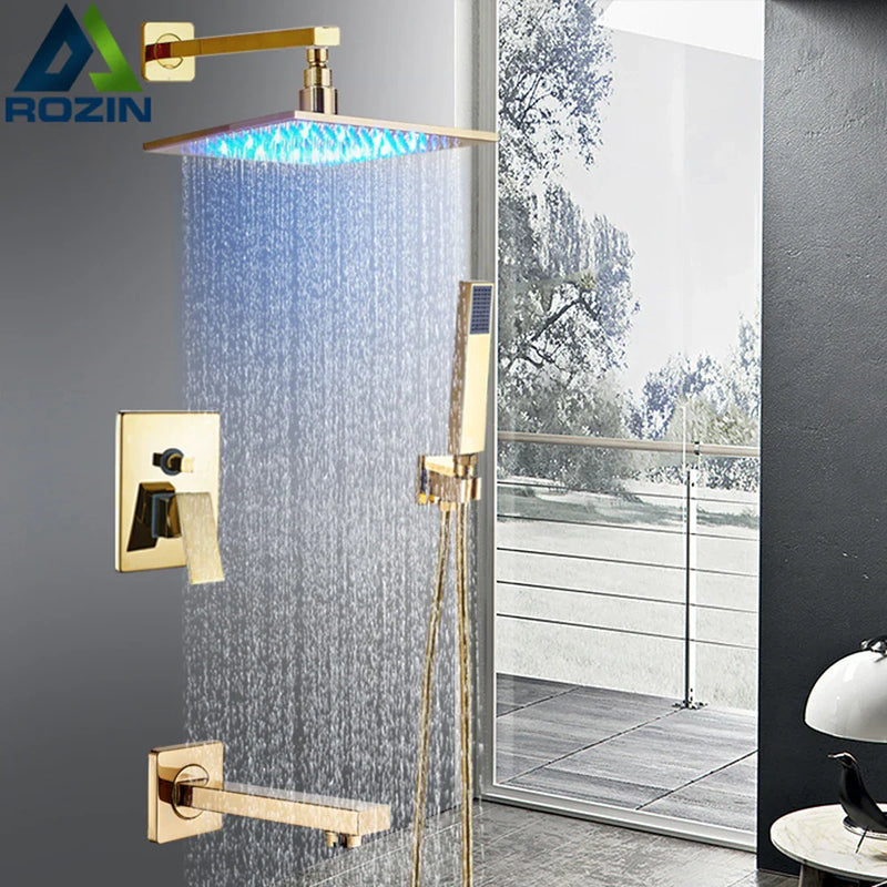 Afralia™ LED Golden Shower Faucet Set with Single Handle Rainfall Bath Mixer