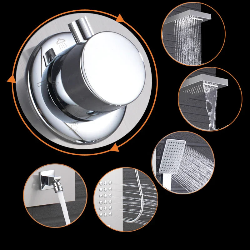 Afralia™ Brushed Nickel Thermostatic Waterfall Rain Shower Panel with 3 Handles