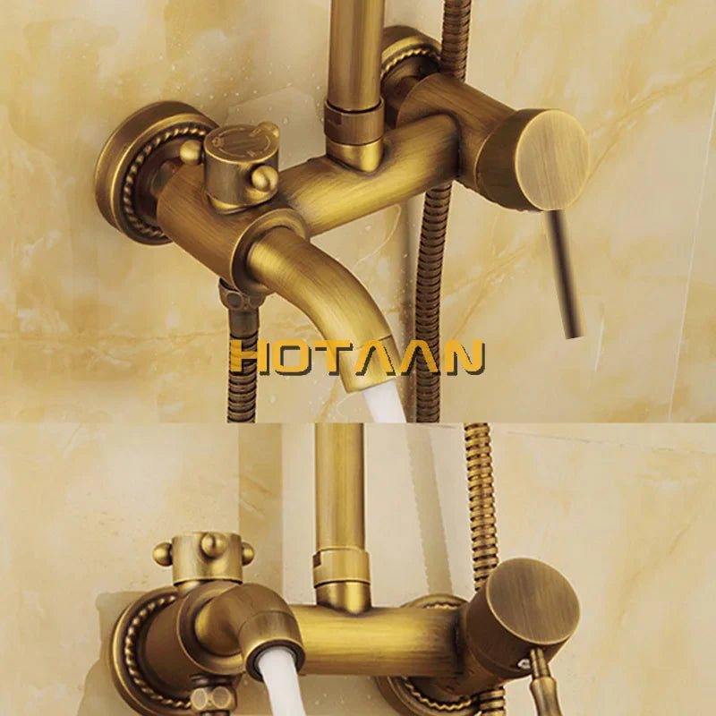 Afralia™ Antique Brass Shower Faucet Set with Rainfall Mixer Valve and Hand Shower