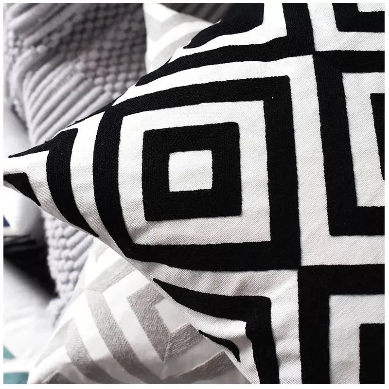 Afralia™ Geometric Embroidered Cushion Cover Grey Black Blue Square Pillow 45x45cm