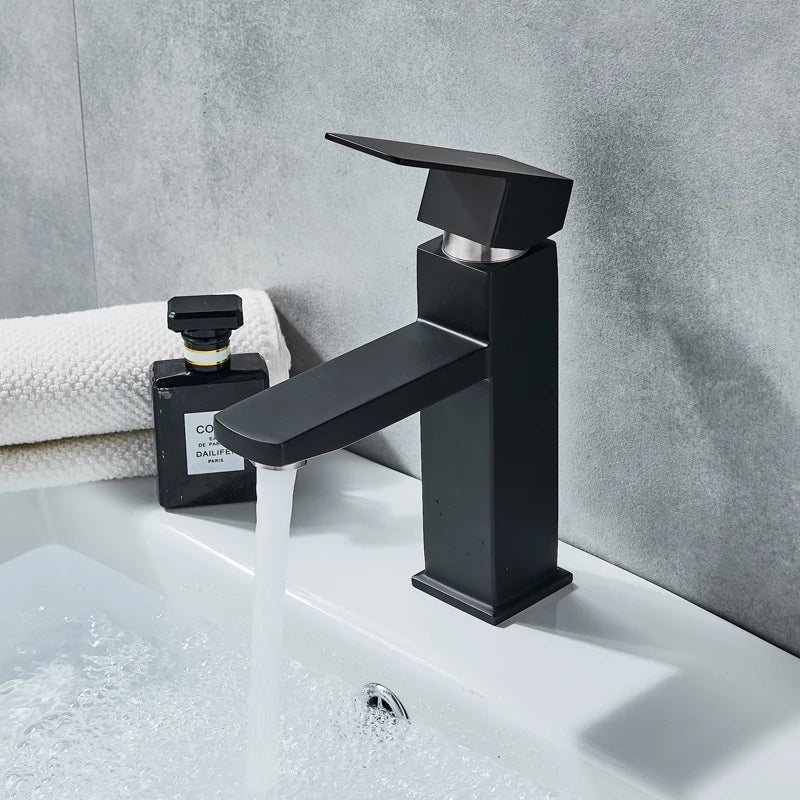 Afralia™ Square Handle Basin Mixer Tap for Bathroom Sink - Black Finish