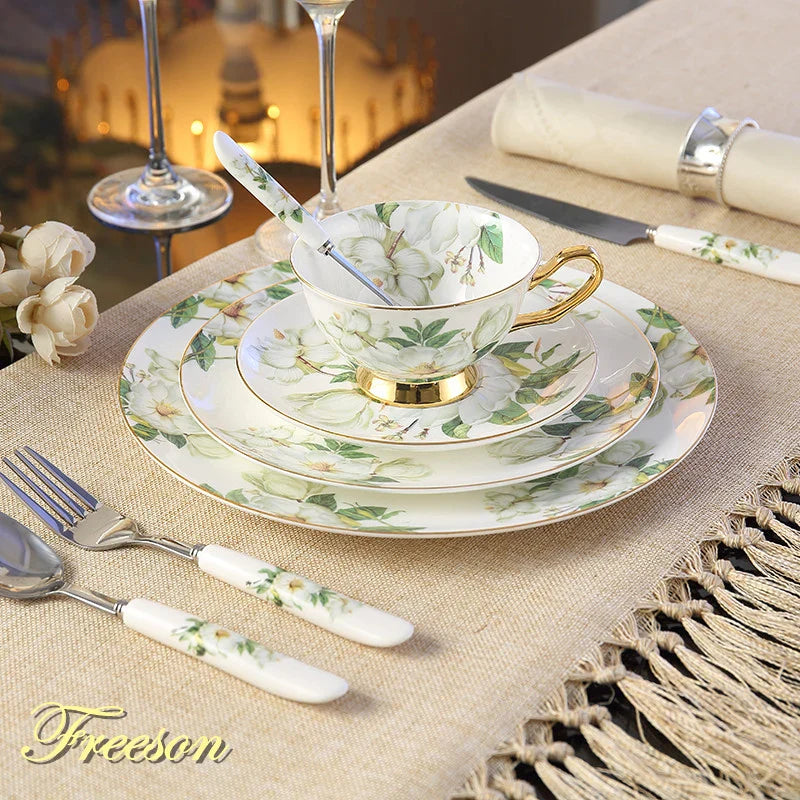 Afralia™ Royal Bone China Dinnerware Set with Cutlery - European Pastoral Style