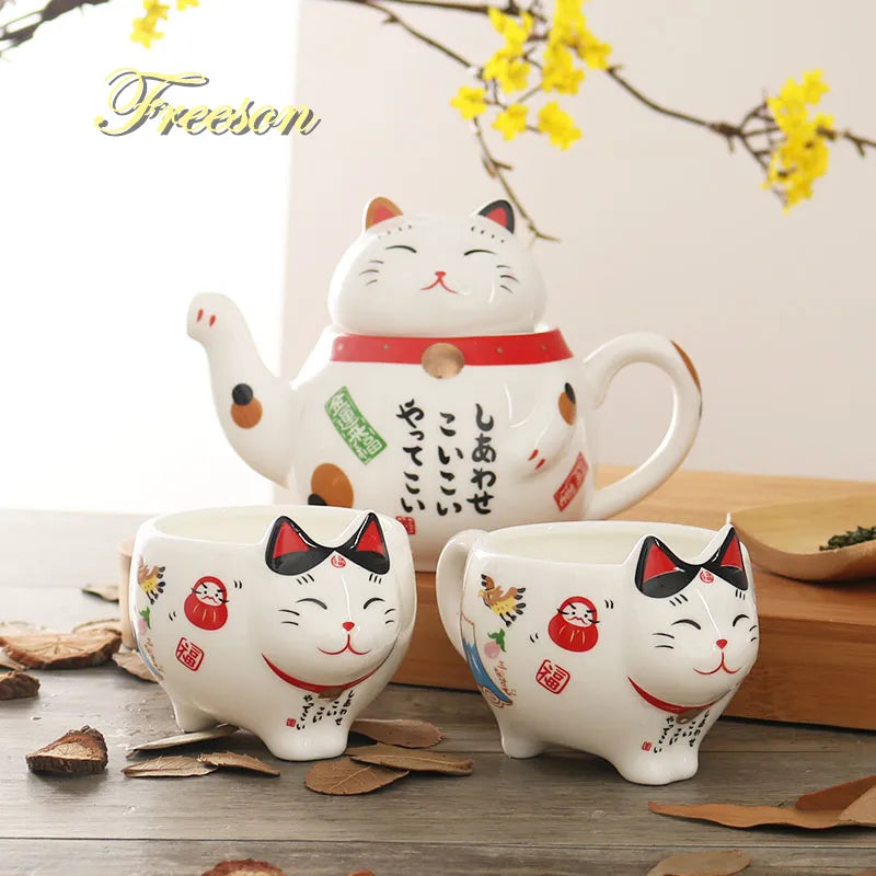 Afralia™ Lucky Cat Porcelain Tea Set: Maneki Neko Tea Cup Pot, Strainer, Plutus Cat Teapot Mug