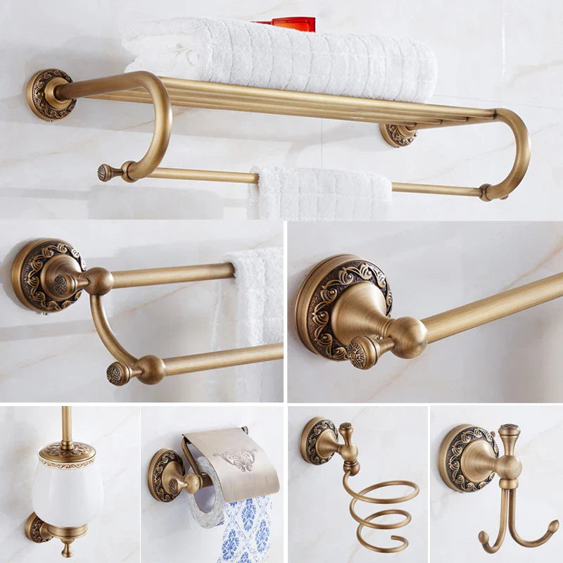 Afralia™ Brass Antique Bath Hardware Set: Towel Rack, Paper Holder, Towel Hanger, Toilet Brush Holder