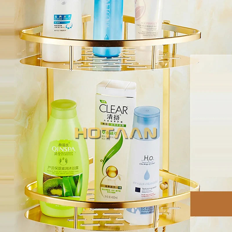 Afralia™ Gold Aluminum Shower Shelf Basket Double Layer Holder Fashion YT-7026