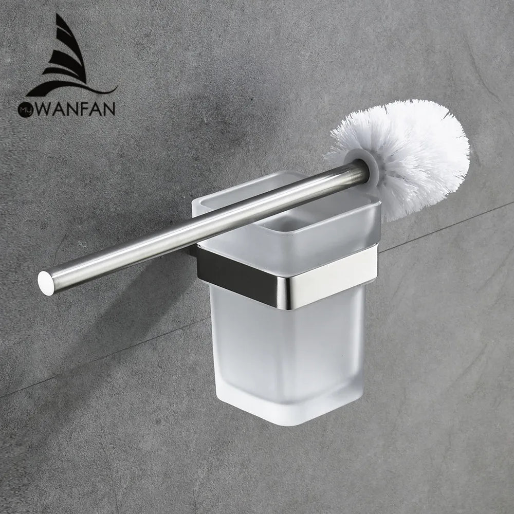 Afralia™ Stainless Steel Toilet Brush Holder with Square Glass Cups, Bathroom Hardware Square Style