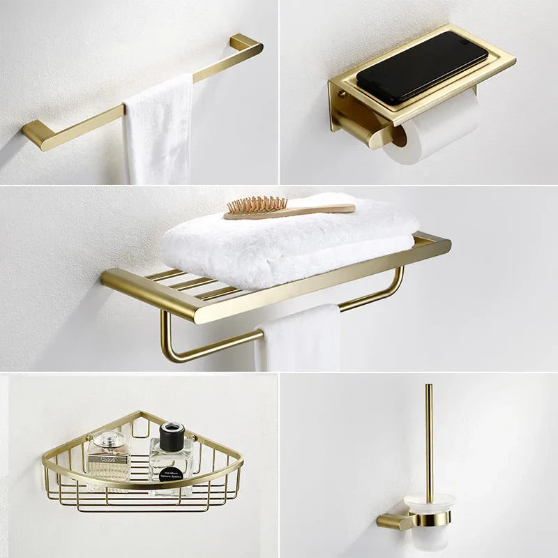 Afralia™ Brushed Gold Bathroom Hardware Set: Towel Rack, Paper Holder, Toilet Brush Holder, Hooks