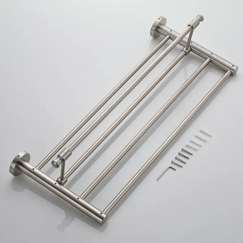 Afralia™ Wall Mounted Folding Brushed Nickel Towel Rail Holder Shelf Bar Hanger