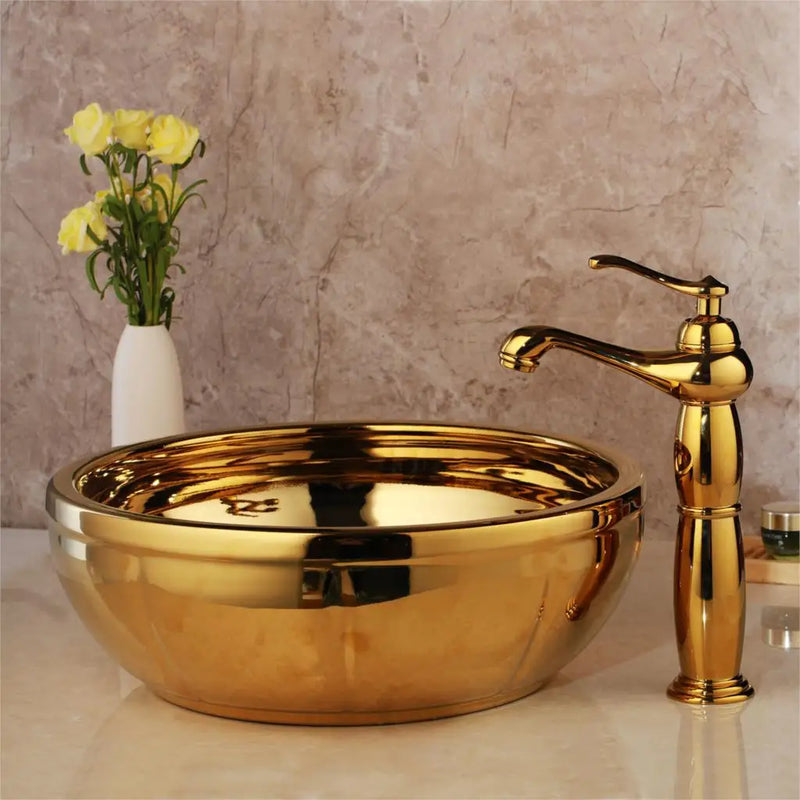 Afralia™ Golden Ceramic Washbasin and Brass Mixer Faucet Set