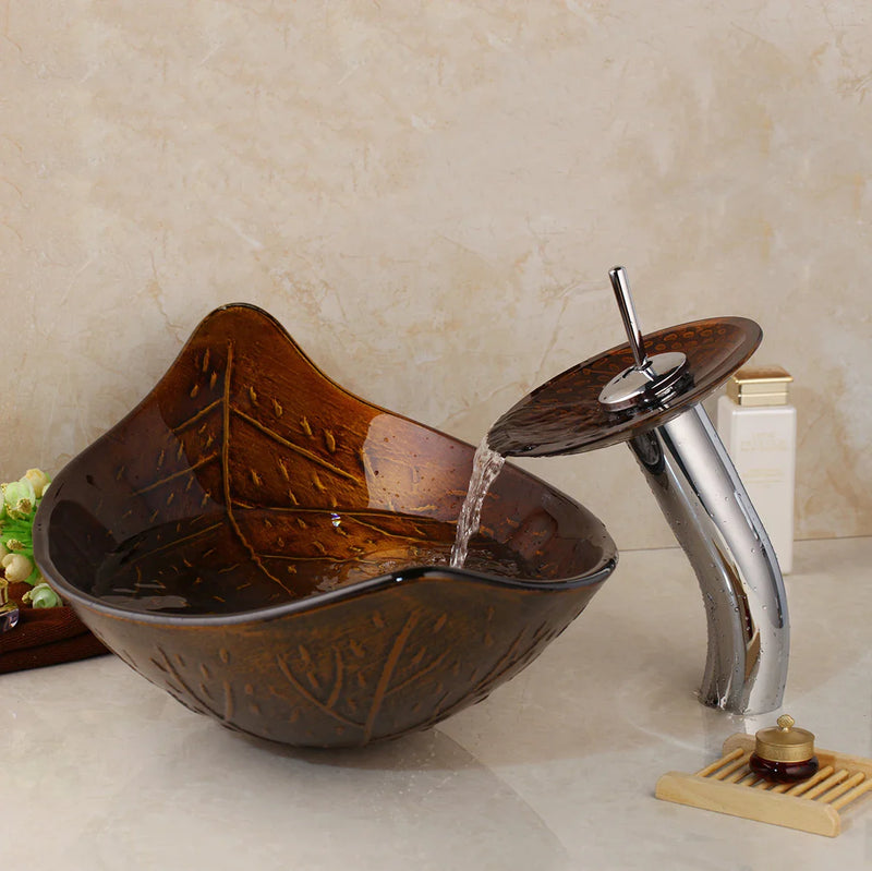 Afralia™ Golden Leaf Vessel Glass Sink Set with Chrome Faucet