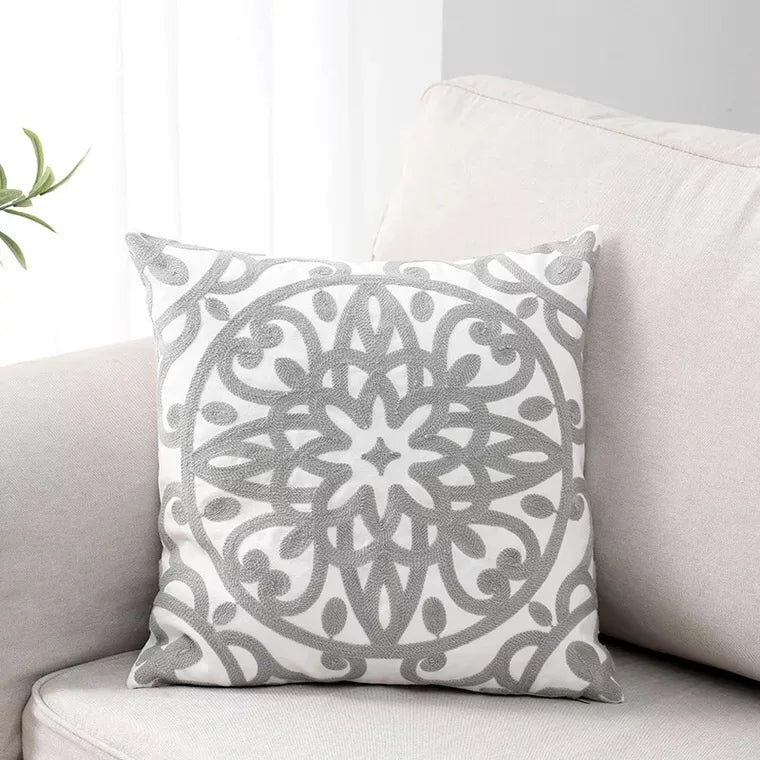 Afralia™ Navy Gray Black Floral Embroidered Cotton Cushion Cover - 45x45cm