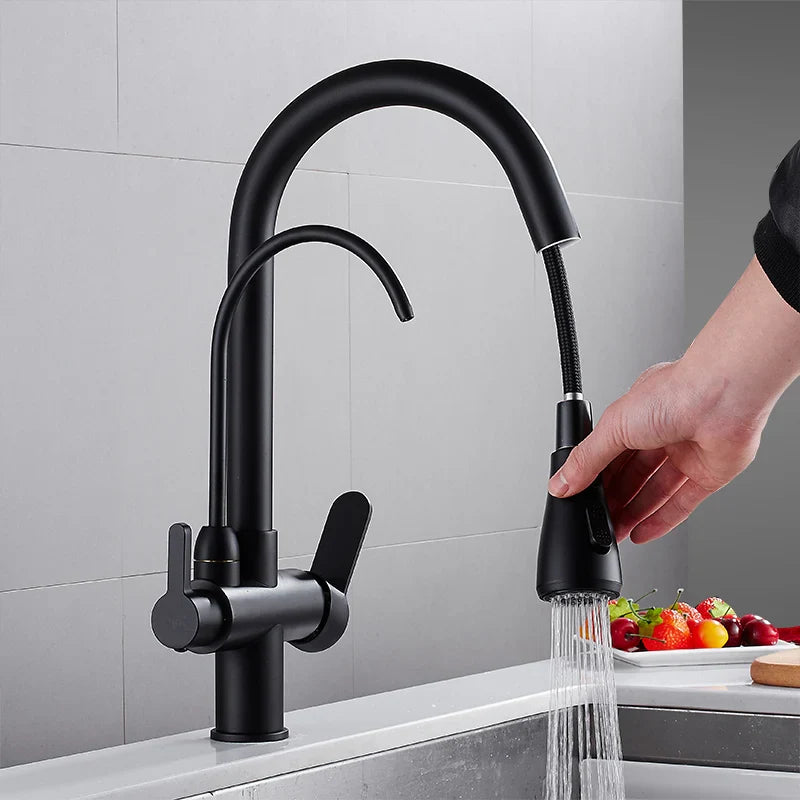 Afralia™ Black Solid Brass 3 Way Kitchen Faucet Deck Mounted Water Filter Tap