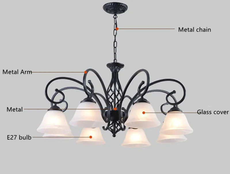 Afralia™ Metal Body Glass Chandelier: European Traditional Decor Lighting, E27 Led Ceiling Lamp