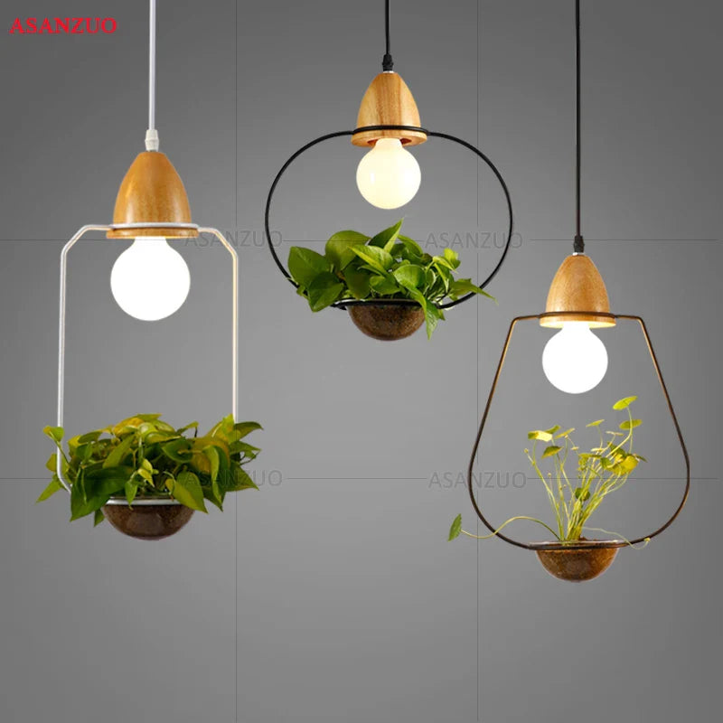 Afralia™ Modern Green Plant Pendant Light with Glass Bowl - Wood Hang Lamp