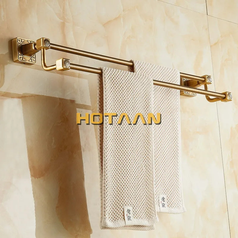 Afralia™ Antique Brass Finish Double Towel Bar, Solid Aluminium Bathroom Accessory