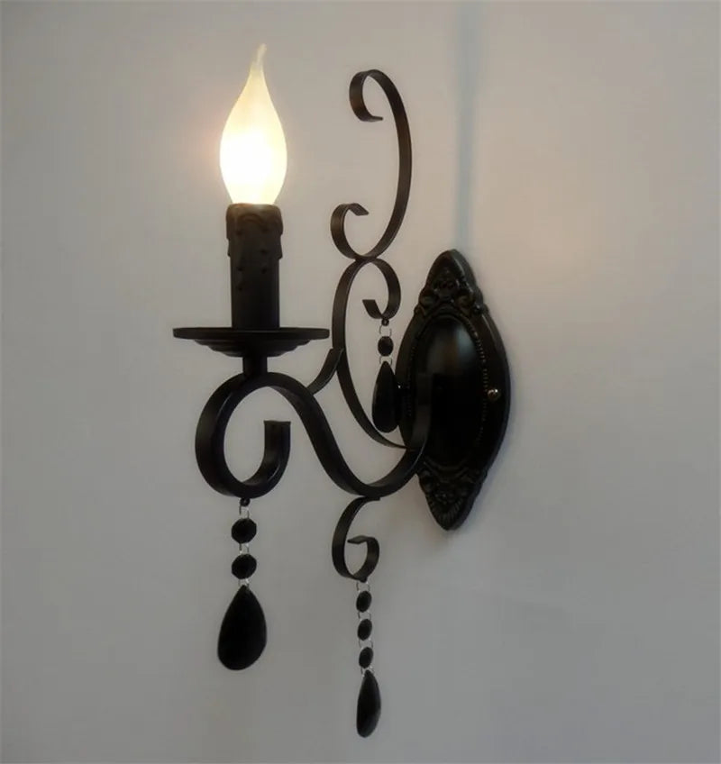 Afralia™ Black Wrought Iron Crystal Candle Wall Lamp