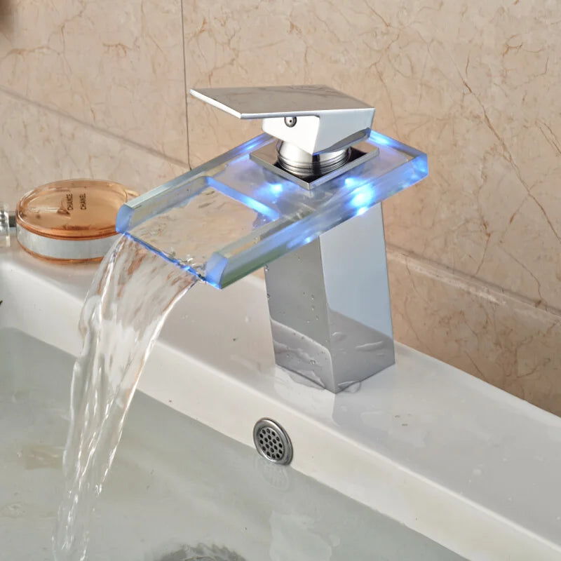 Afralia™ RGB Waterfall Faucet Deck Mount Brass Bathroom Vessel Sink Mixer Tap