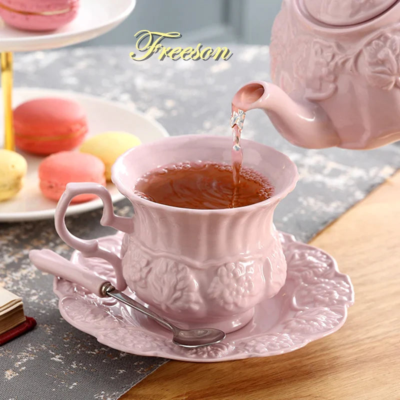 Afralia™ Pink Ceramic Tea Set Retro British Floral Teapot Mug Cafe Teatime Cup