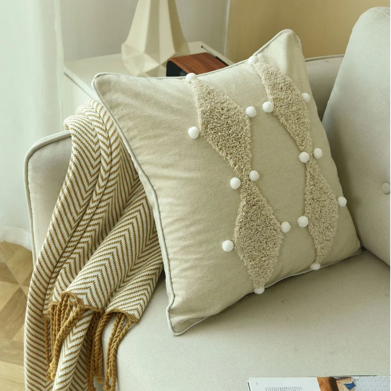 Afralia™ Boho Style Ivory Plush Pom Pom Cushion Cover, Moroccan Inspired 45x45cm