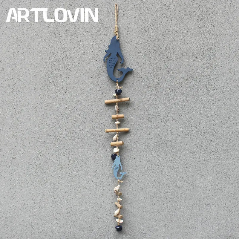 Afralia™ Blue Fish Sea-maid Pendant Drift Wood Bells Wall Decoration