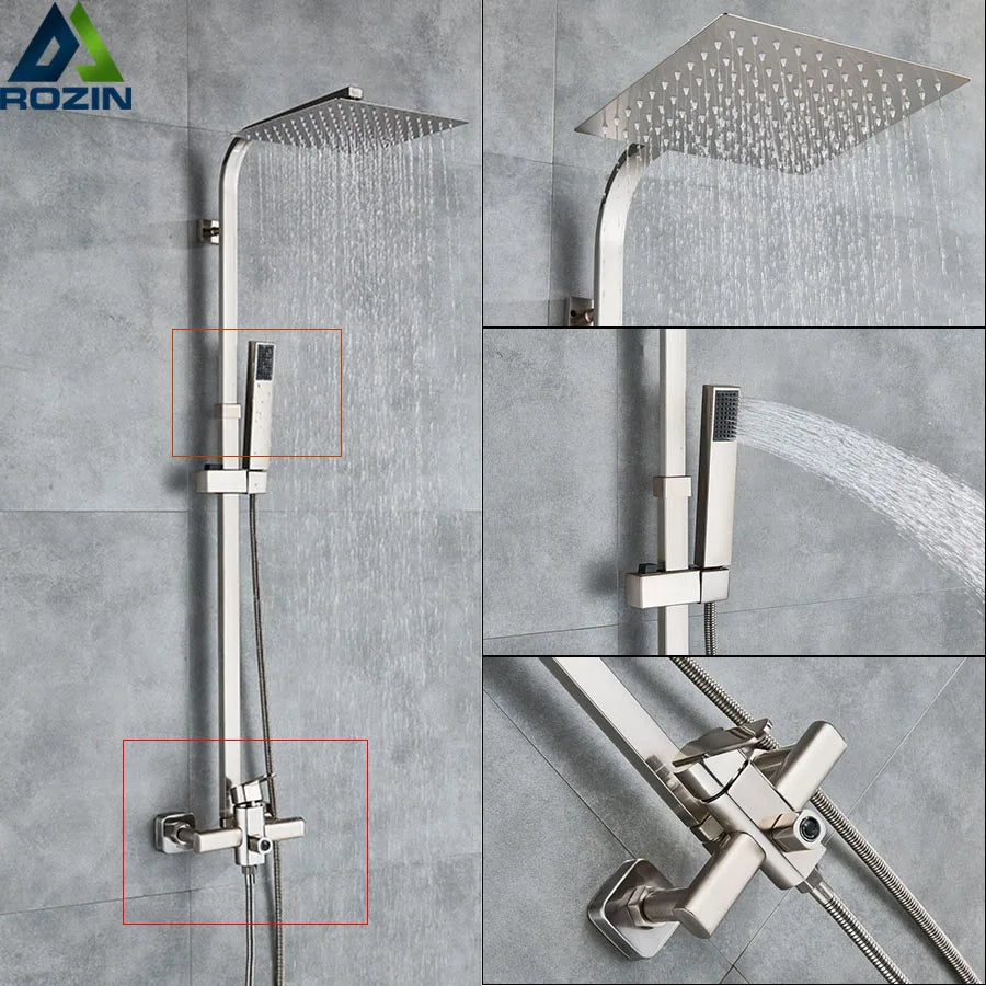 Afralia™ Brushed Nickel Rain Shower System with Square Hand Shower Mixer