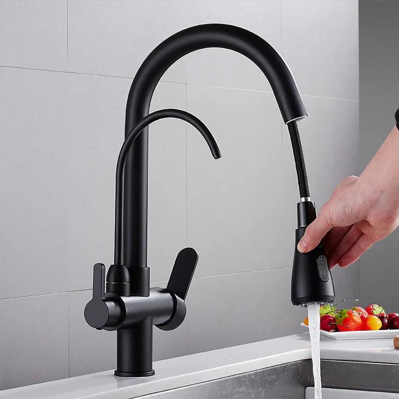 Afralia™ Black Solid Brass 3 Way Kitchen Faucet Deck Mounted Water Filter Tap