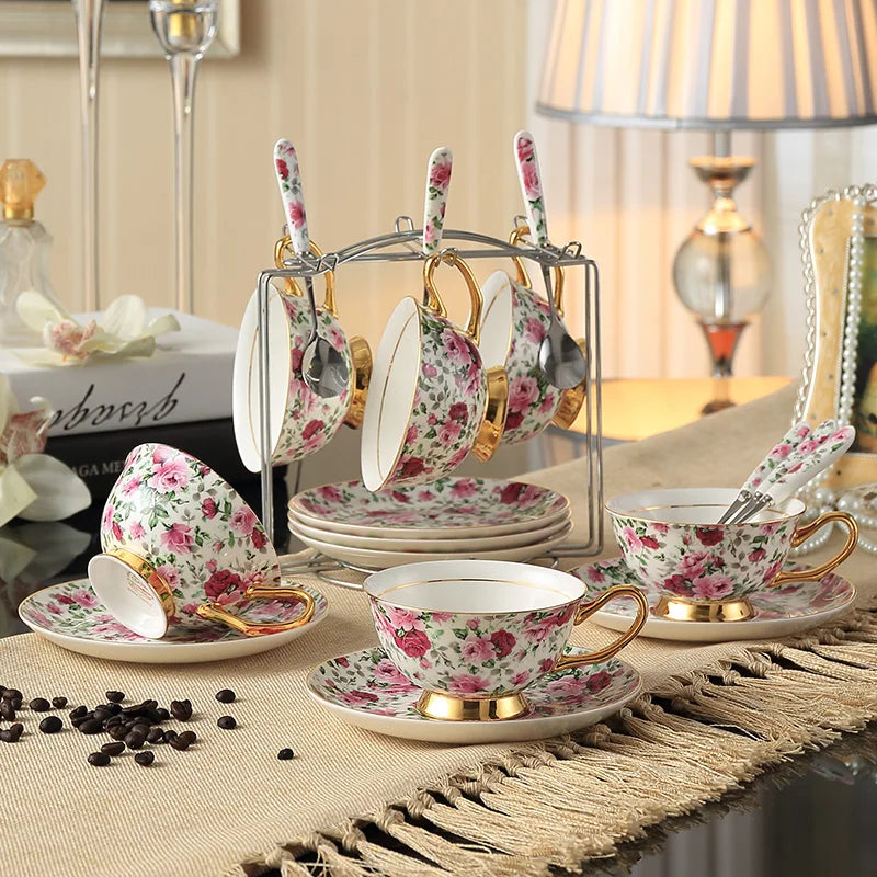 Afralia™ Romantic Flower Bone China Tea Cup Saucer Spoon Set 200ml