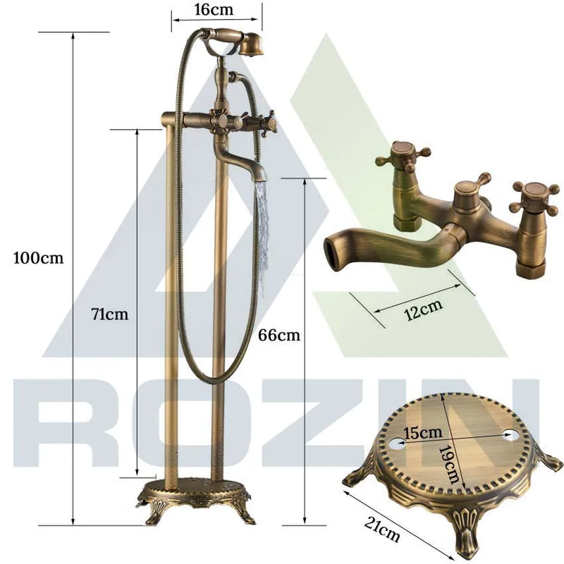 Afralia™ Brass Floor Mount Tub Sink Faucet Dual Handle Bath Set with Handshower