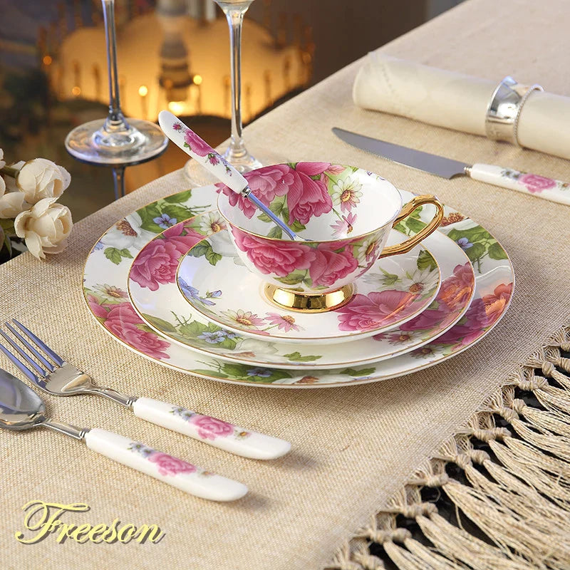 Afralia™ Royal Bone China Dinnerware Set with Cutlery - European Pastoral Style