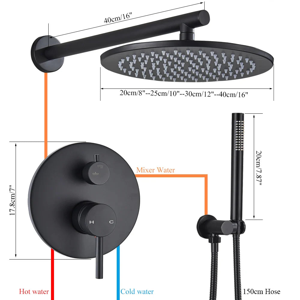 Afralia™ Brass Black Shower Set with Ceiling/Wall Arm, Diverter Mixer, Handheld Spray, 8-16" Rain Head