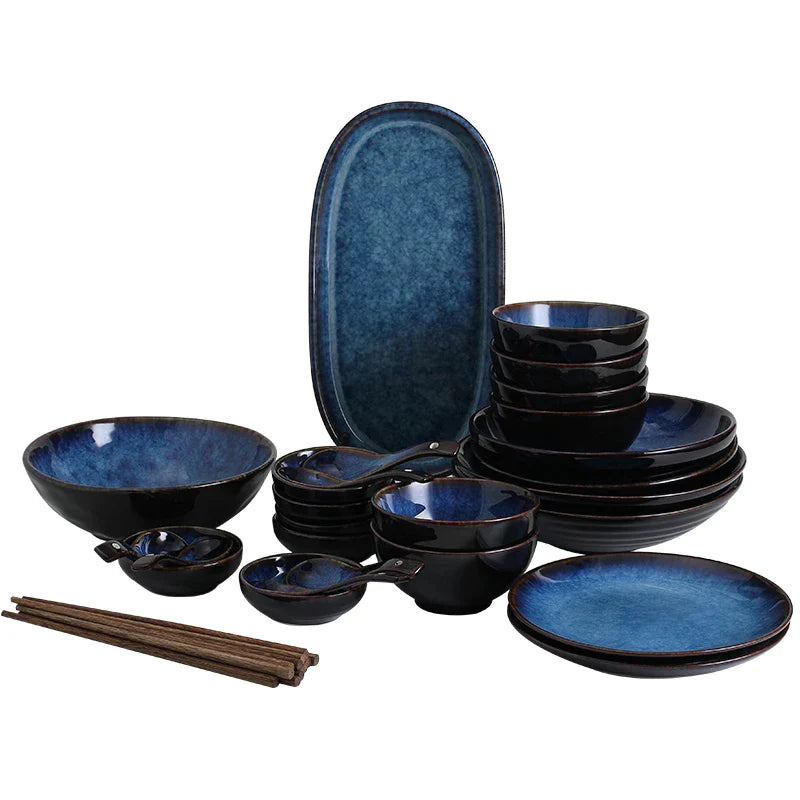 Afralia™ Porcelain Dinnerware Set - Deep Blue Ceramic Tableware for 1/2/6 Persons