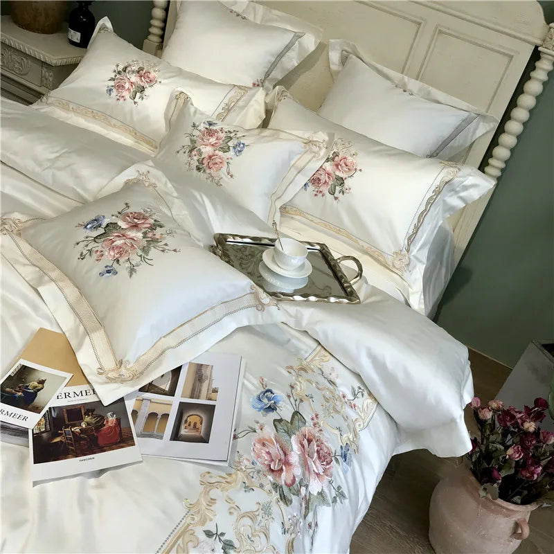 Afralia™ Luxury Flowers Embroidery Bedding Set, White, 100S, 4Pcs, 7Pcs