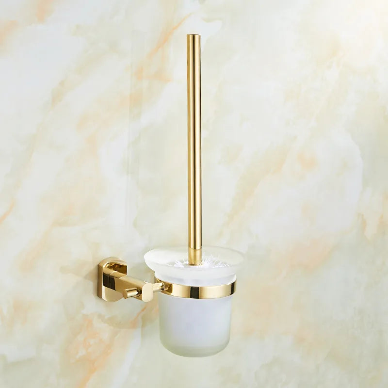 Afralia™ Gold Brass Bath Hardware Set: Towel Rack, Paper Holder, Toilet Brush Holder, Towel Ranger, Hooks