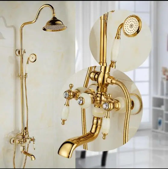 Afralia™ Golden Brass & Jade Bath Shower Set - Wall Mounted Rainfall & Hand shower