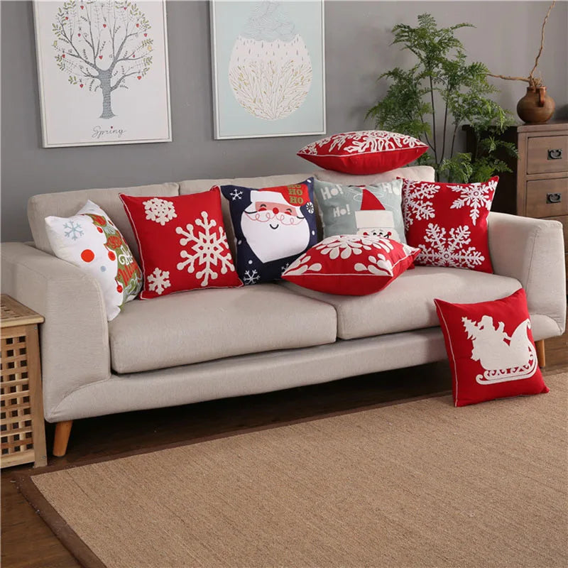 Afralia™ Christmas Tree Santa Snow Flower Embroidered Cushion Cover 45x45cm