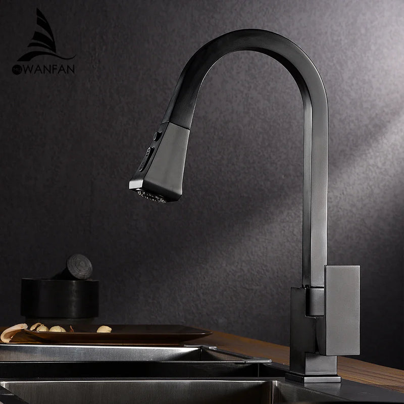 Afralia™ Silver Pull Out Kitchen Faucet Solid Brass Black Swivel 360° Water Mixer