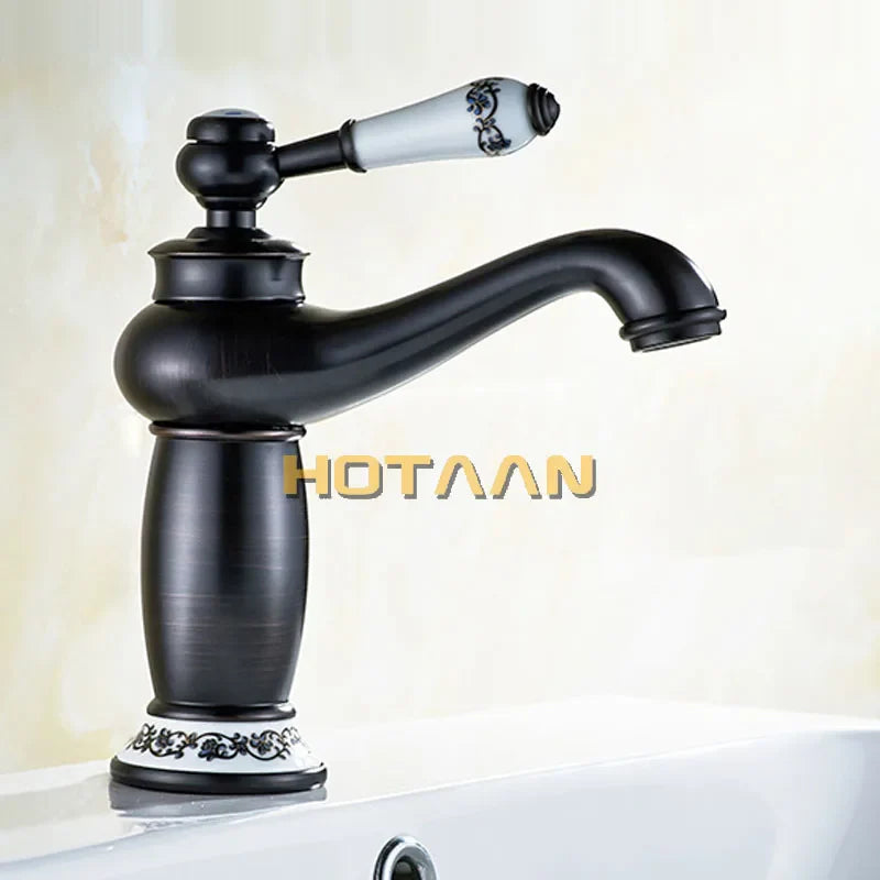 Afralia™ Black Brass Ceramics Bathroom Faucet Vintage Hot Cold Mixer Sink Tap