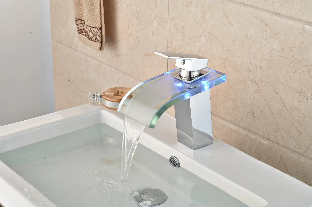 Afralia™ LED Glass Waterfall Basin Faucet | Square Single Handle Bathroom Sink Mixer