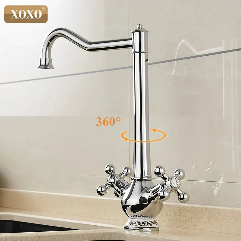 Afralia™ Chrome Double Cross Handle Kitchen Faucet with Swivel Spout